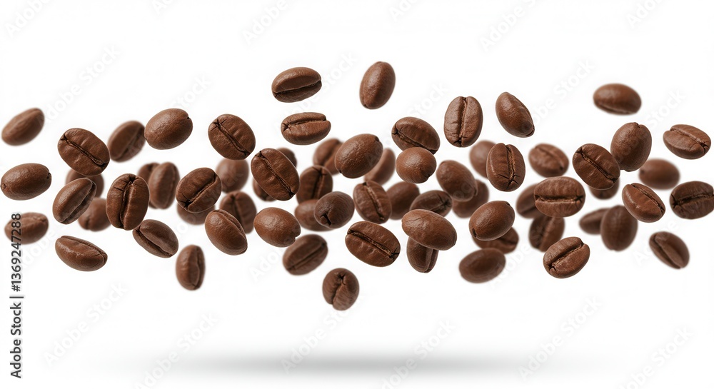 Obraz premium Scattered roasted coffee beans floating with a delicate shadow on a white background.