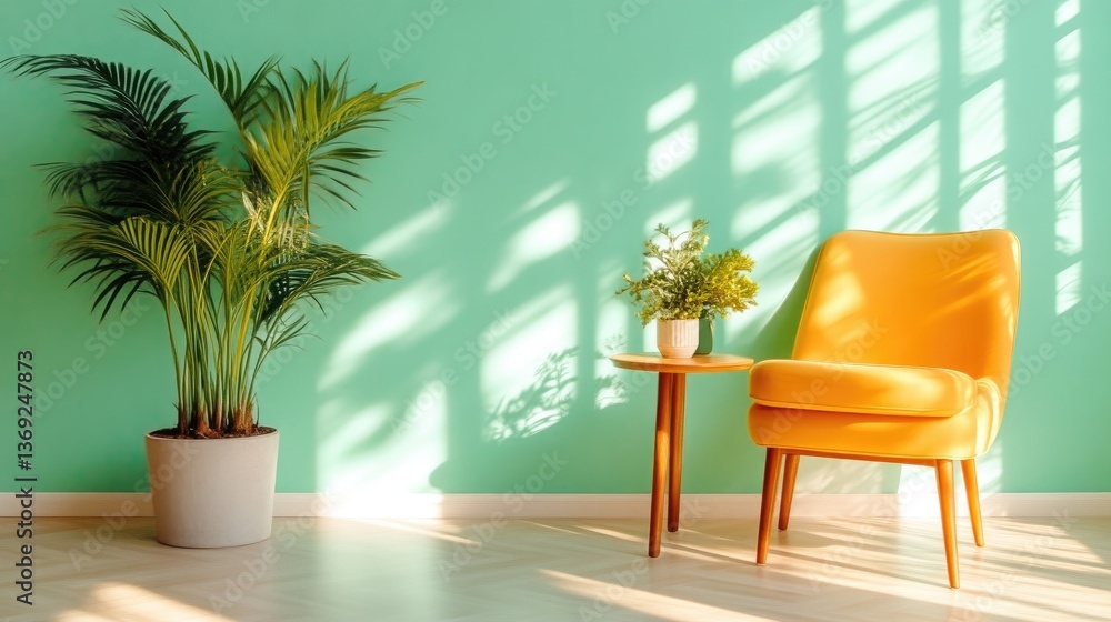 Fototapeta premium Stylish, sun-drenched room with a vibrant pop of color