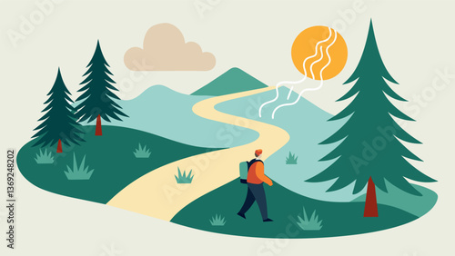 Along the trail the guide encourages the hikers to use their senses pointing out the crisp scent of pine needles and the soothing sound of a nearby. Vector illustration