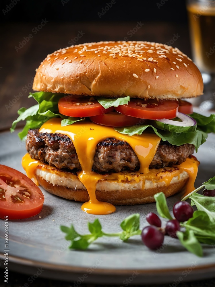 attractive grilled cheese burger close-up on a beautiful plate arrangement portrait attractive grilled cheese burger close-up on a beautiful plate arrangement portrait