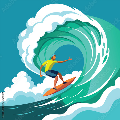 Cartoon surfer kite surfing on the waves at the beach with a fun, extreme sports vibe