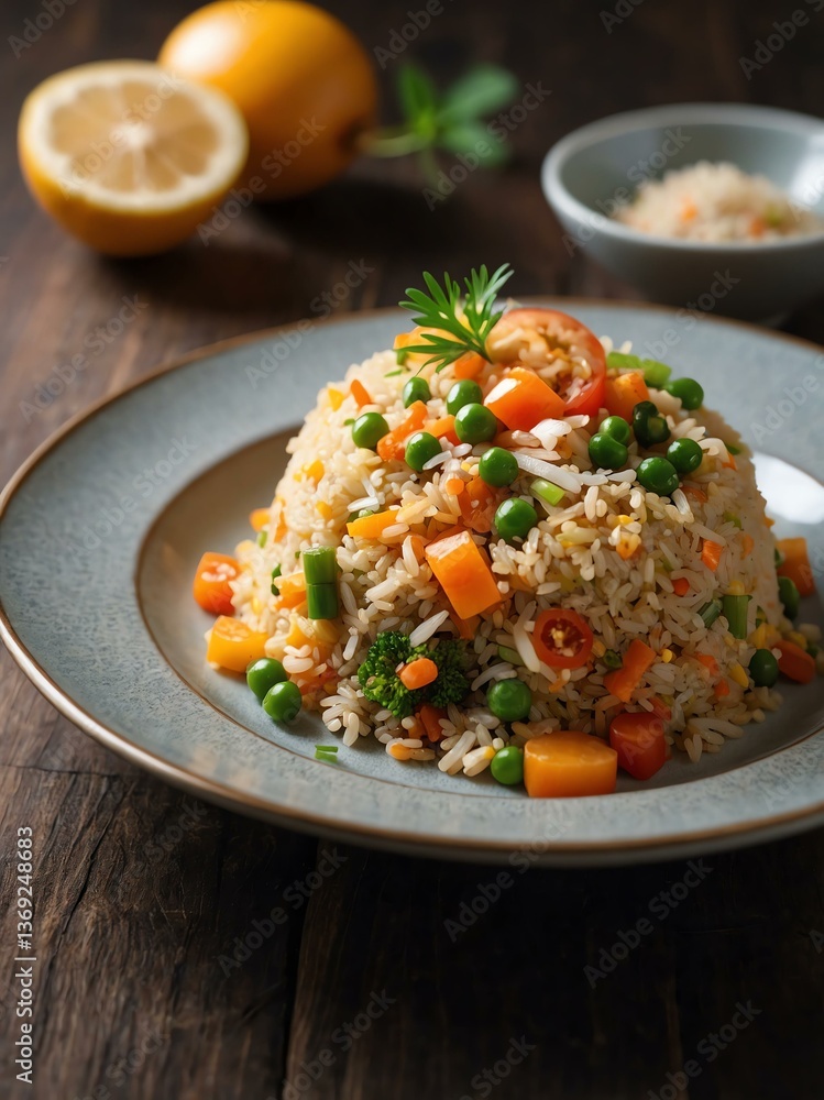 attractive fried rice close-up on a beautiful plate arrangement portrait attractive fried rice close-up on a beautiful plate arrangement portrait