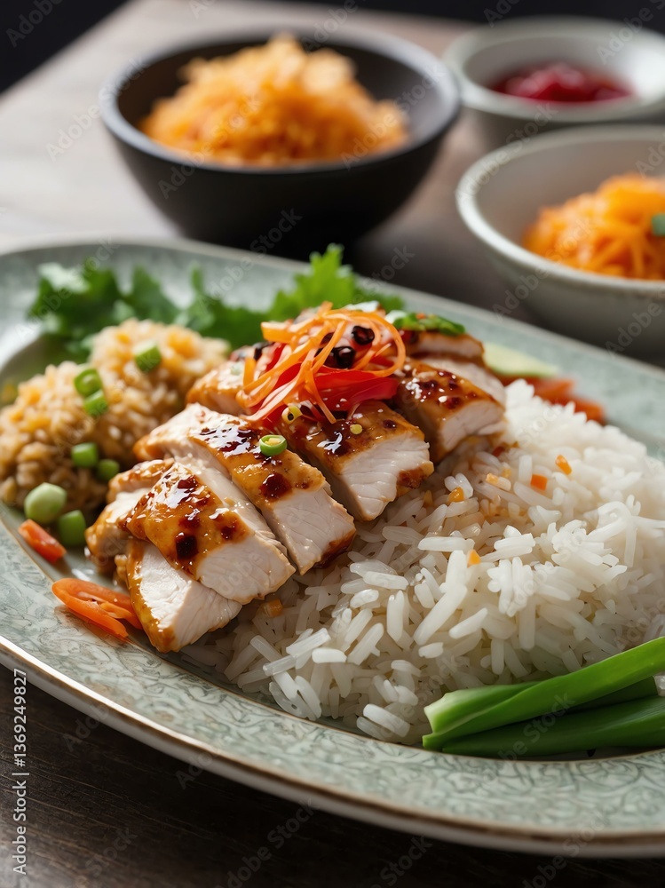 attractive chicken rice toppings close-up on a beautiful plate arrangement portrait attractive chicken rice toppings close-up on a beautiful plate arrangement portrait
