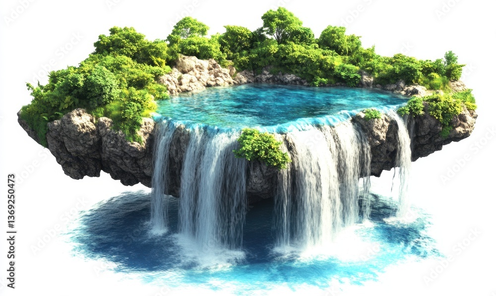 Naklejka premium Floating island waterfall paradise, lush vegetation, tranquil scene, ideal for fantasy projects