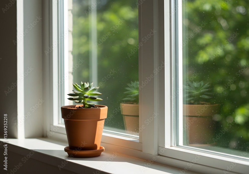 Elegantly placed succulent plant by the window in a sunny setting enhancing indoor ambiance. A small succulent plant in a terracotta pot sits on a windowsill Elegantly placed succulent plant by the window in a sunny setting enhancing indoor ambiance. A small succulent plant in a terracotta pot sits on a windowsill