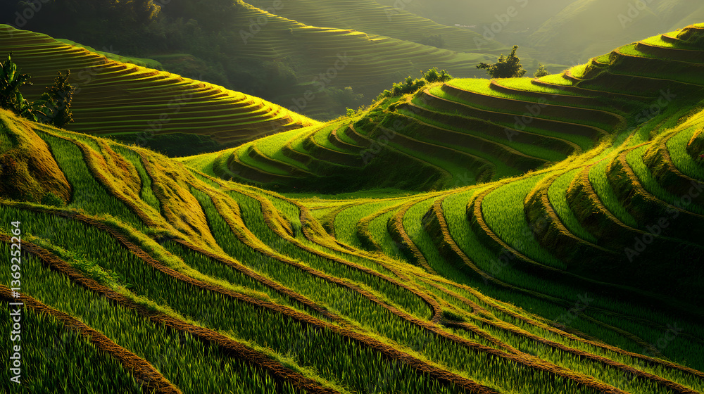 Fototapeta premium field, green, agriculture, grass, nature, landscape, farm, plant, tea, summer, plantation, rice, spring, meadow, rural, hill, tree, asia, farming, crop, land, grow, countryside, harvest, agricultural