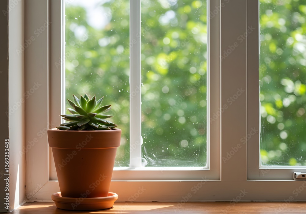 Fototapeta premium Elegantly placed succulent plant by the window in a sunny setting enhancing indoor ambiance. A small succulent plant in a terracotta pot sits on a windowsill