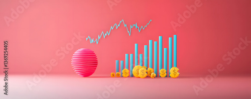 Economic Risk of Banking Instability Recession. Growth chart with financial symbols on a pink background.