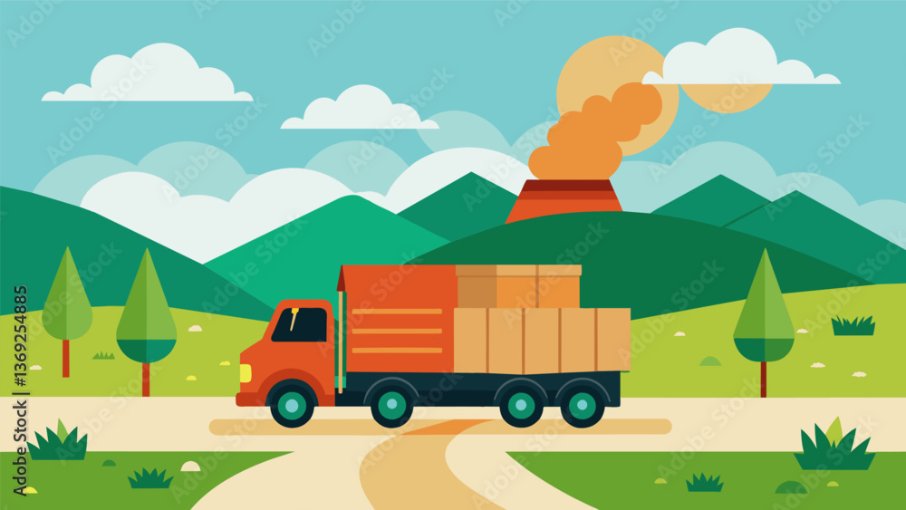 A truck loaded with the finished wood pellets makes its way along a rural road bound for a power plant where they will be used as biomass fuel.. Vector illustration