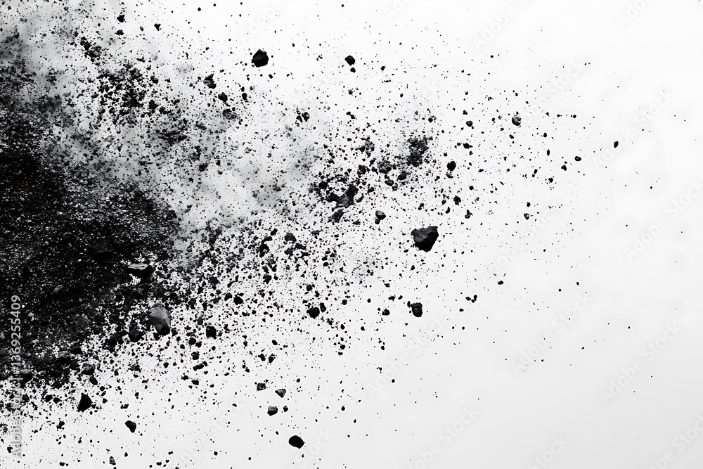 Obraz premium Black powder explosion on white background creating dynamic abstract texture and pattern