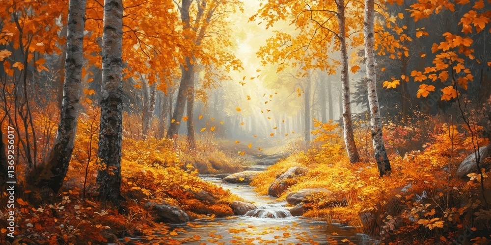 Obraz premium A serene autumn forest with a flowing stream and vibrant orange foliage.