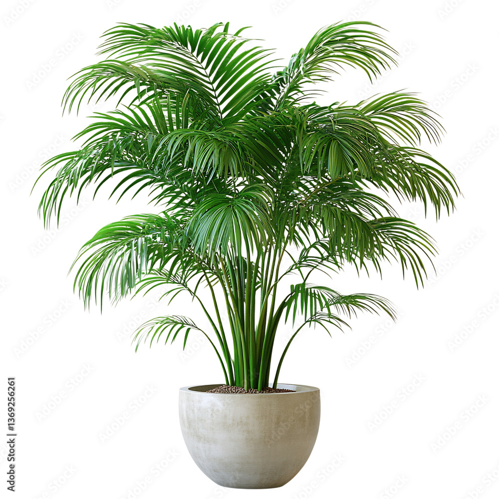A 3D Indoor Palm Tree with Large Arching Fronds in a Potted Plant Isolated on Transparent Background A 3D Indoor Palm Tree with Large Arching Fronds in a Potted Plant Isolated on Transparent Background