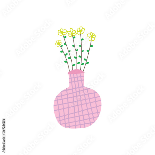 A hand draw illustration of a cheerful pink vase of yellow flowers