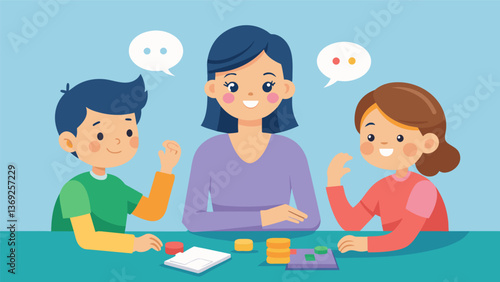 A mother and her children teaming up to play a game of Taboo trying to guess words without using certain forbidden words.. Vector illustration