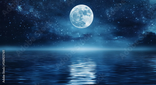 A full moon setting over the dunes of white sand, reflections on the water