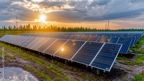 Expansive aerial view of a large solar farm showcasing multiple solar panels under a clear blue sky and open space