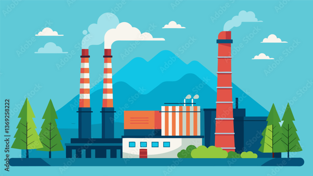 A towering thermal power plant with towering structures housing carbon capture units capturing and storing CO2 emissions underground.. Vector illustration