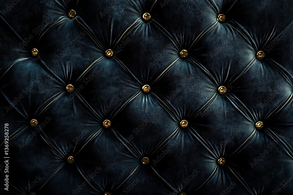 Obraz premium Elegant dark blue tufted velvet upholstery with golden buttons for luxurious texture