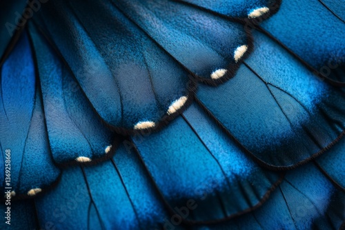 Extreme closeup of blue butterfly wing with detailed textures and dots