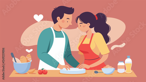 A pair of lovebirds gaze into each others eyes as they knead dough together in a romantic cooking class setting.. Vector illustration