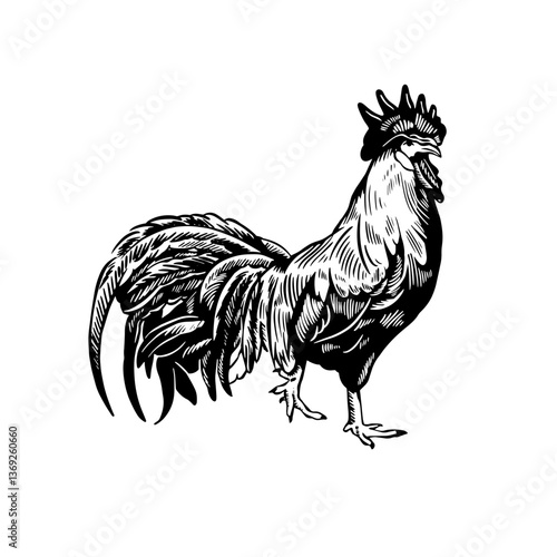 Vintage Rooster Line Art Illustration for Farm Logo and Agriculture Design