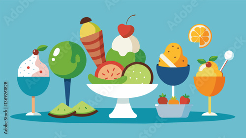Creative and unique ice cream flavors such as avocado and salted caramel being served at the social.. Vector illustration