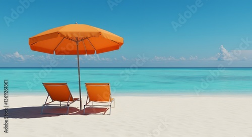 Fototapeta Naklejka Na Ścianę i Meble -  Two beach chairs under an orange umbrella by ocean on a sunny day, perfect for relaxation and enjoyment at the shore. two empty beach chairs under a bright orange beach umbrella on a pristine white