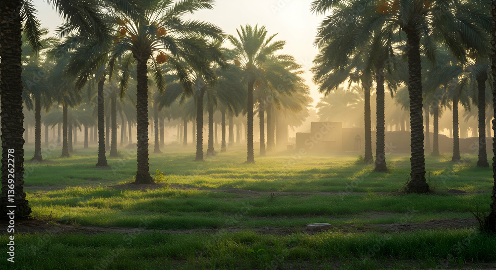 Palm Trees Sunrise Mist In Field Palm Trees Sunrise Mist In Field