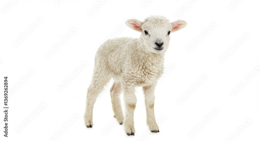 Fototapeta premium Fluffy Lamb, Standing Portrait, White Background