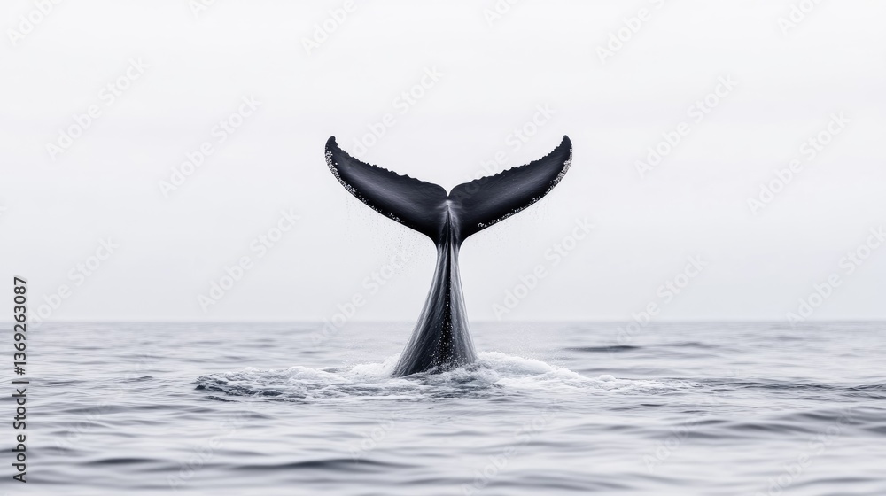Fototapeta premium Whale tail breaching the ocean surface. A majestic whale's fluke, dark and smooth, rises above the tranquil water, creating a powerful image of the marine animal's grace and might.