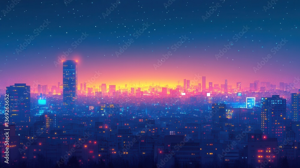 Fototapeta premium A vibrant city skyline illuminated by colorful lights against a twilight sky, showcasing a blend of modern architecture and urban energy.