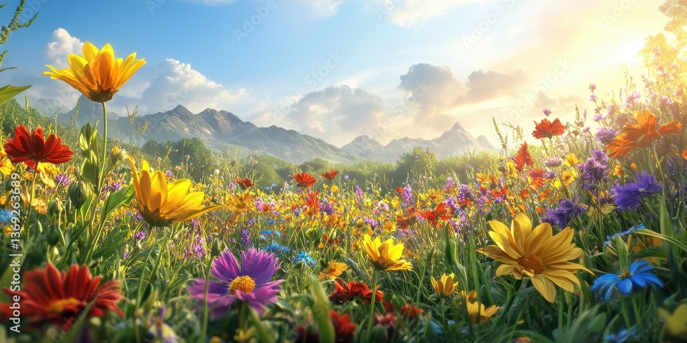 Obraz premium A vibrant field of colorful flowers under a bright sky with mountains in the background.