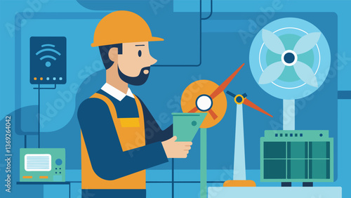 A technician using specialized equipment to troubleshoot a malfunctioning turbine during a handson training session.. Vector illustration
