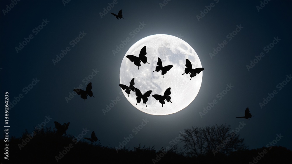Butterflies Gather Under the Glow of a Full Moon, Creating a Magical Night Scene with Silhouettes Dancing in the Moonlight. Butterflies Gather Under the Glow of a Full Moon, Creating a Magical Night Scene with Silhouettes Dancing in the Moonlight.