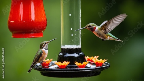 Hummingbirds Gathering Around a Nectar Feeder with Bright Orange Petals, Against a Lush Green Backdrop, Capturing Nature's Delicate Beauty.
