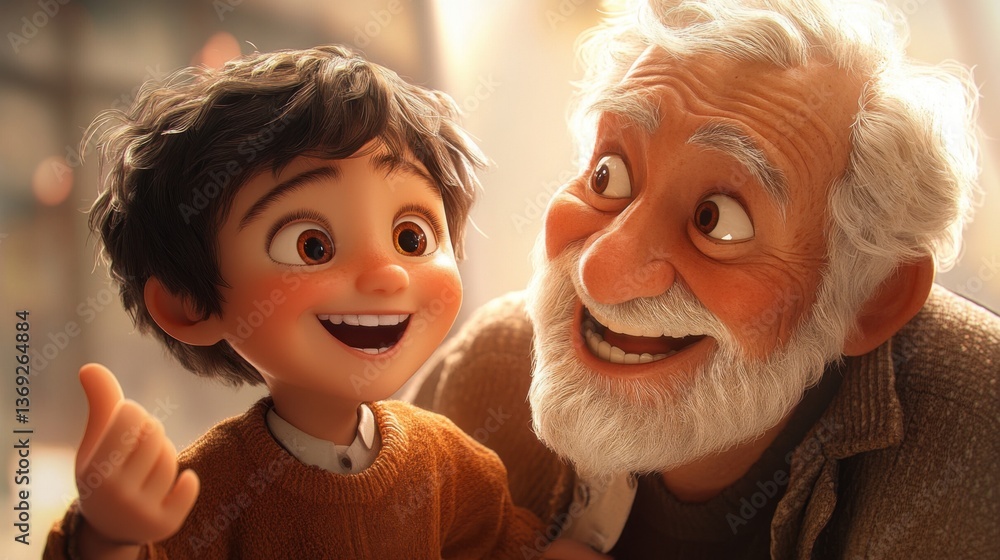 Fototapeta premium A heartwarming scene of a young boy and an elderly man sharing a joyful moment, both expressing happiness through their smiles.