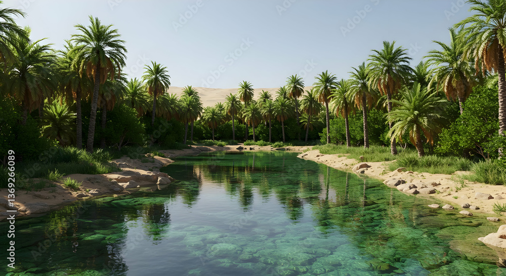 Obraz premium Pixelated Oasis Scene With Palm Trees And River