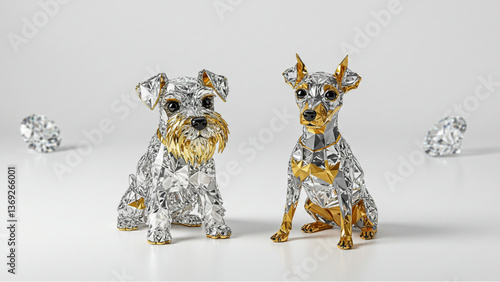 Schnauzer and Pinscher shaped jewelry. Diamond and gold textures. Vector data.