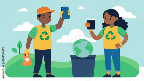 A volunteer holding up a piece of trash with a frown while another volunteer snaps a photo to document the environmental impact.. Vector illustration