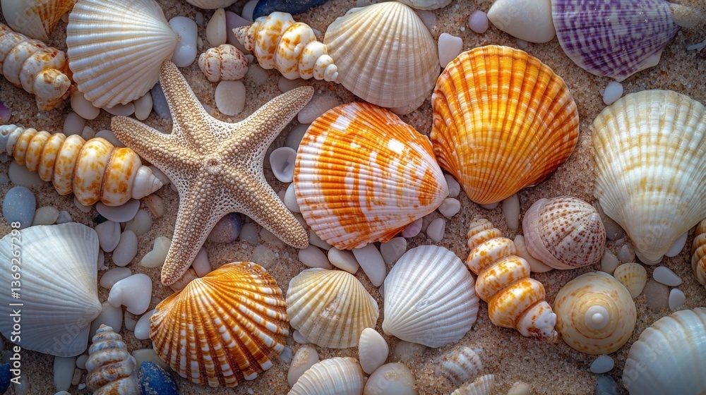 A vibrant collection of seashells and a starfish scattered on sandy beach, showcasing marine life and natural beauty. A vibrant collection of seashells and a starfish scattered on sandy beach, showcasing marine life and natural beauty.