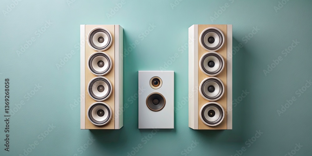 Obraz premium Architectural Photography of Foldback Speakers in Symmetrical Flat Lay on Solid Color Backdrop for Modern Design and Marketing Use