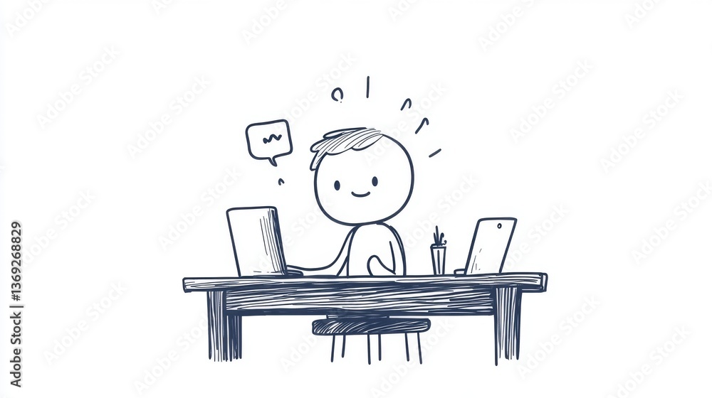 Fototapeta premium A cheerful character sits at a desk, engaging with a laptop and tablet, embodying a playful and productive work atmosphere.