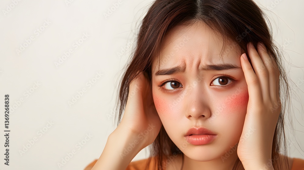 2. Close-up of an Asian girl with an itchy face, red patches appearing from an allergic reaction, scratching her temple with a concerned look, isolated on a neutral background 2. Close-up of an Asian girl with an itchy face, red patches appearing from an allergic reaction, scratching her temple with a concerned look, isolated on a neutral background