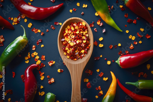 Obraz na płótnie Overhead shot of a wooden spoon filled with red chili flakes, surrounded by whole chili peppers on a dark background. w salonie