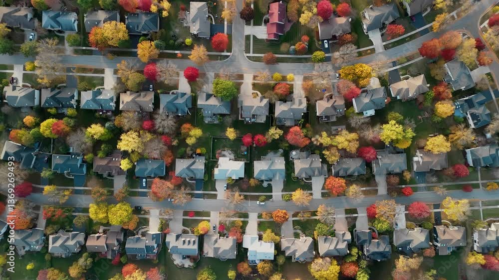 Beaut Scenic suburban surrounded by vibrant red and yellow autumn trees. Warm fall colors create a picturesque seasonal neighborhoods, homes, amid breathtaking Autumn colors, aerial view. Beaut Scenic suburban surrounded by vibrant red and yellow autumn trees. Warm fall colors create a picturesque seasonal neighborhoods, homes, amid breathtaking Autumn colors, aerial view.