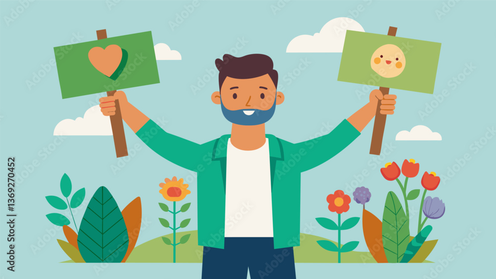 A man proudly displays his homemade signs promoting the importance of victory gardens and encouraging his community to join the movement.. Vector illustration A man proudly displays his homemade signs promoting the importance of victory gardens and encouraging his community to join the movement.. Vector illustration
