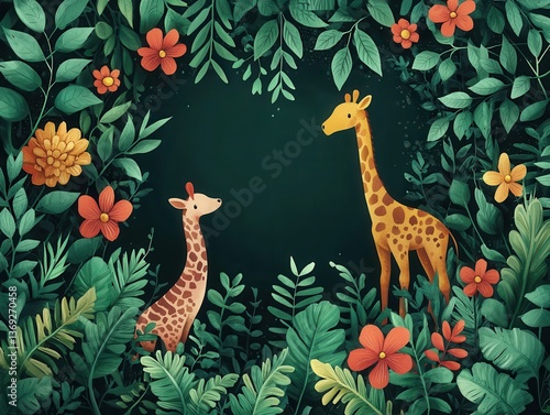 Vintage Giraffe in Colorful Jungle Setting