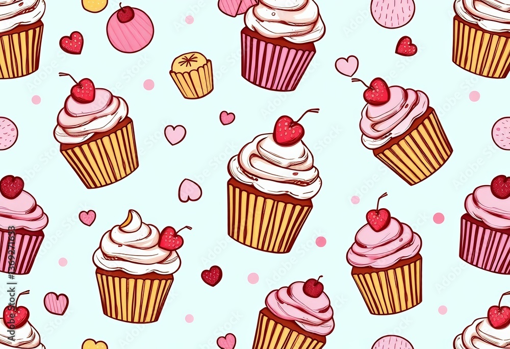 Whimsical hand-drawn cupcake pattern, perfect for baking blogs or stationery, colorful, sweet treat Whimsical hand-drawn cupcake pattern, perfect for baking blogs or stationery, colorful, sweet treat