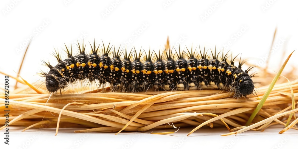 Fototapeta premium Aerial View Black Caterpillar Dry Grass - Stunning Insect Photography