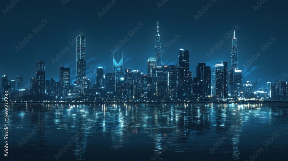 A stunning nighttime cityscape featuring illuminated skyscrapers reflecting in water, showcasing modern architecture against a dark blue backdrop. A stunning nighttime cityscape featuring illuminated skyscrapers reflecting in water, showcasing modern architecture against a dark blue backdrop.